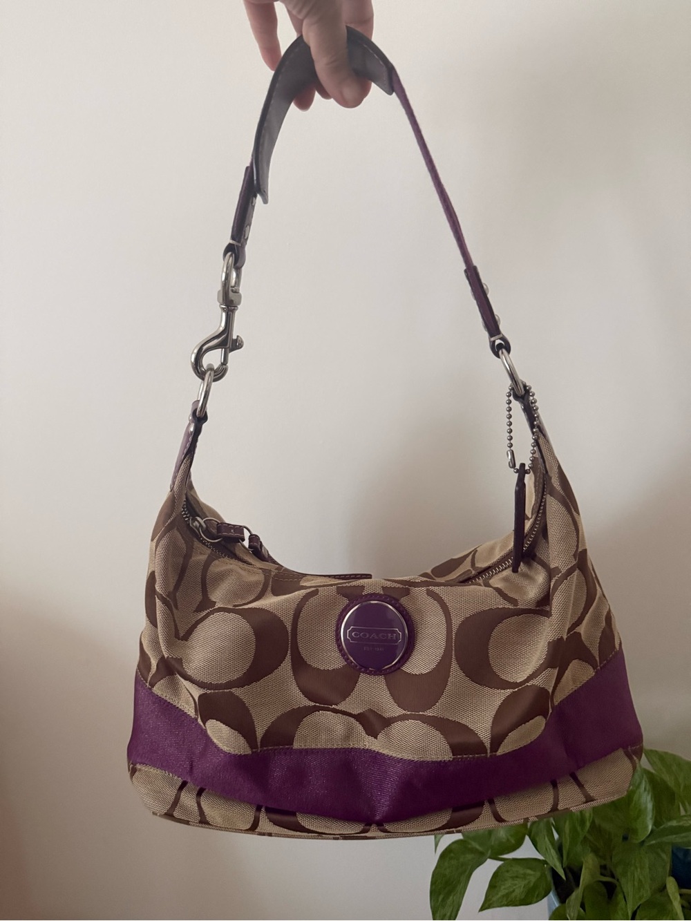 Coach Beige Signature Canvas Shoulder Bag with Purple Accent